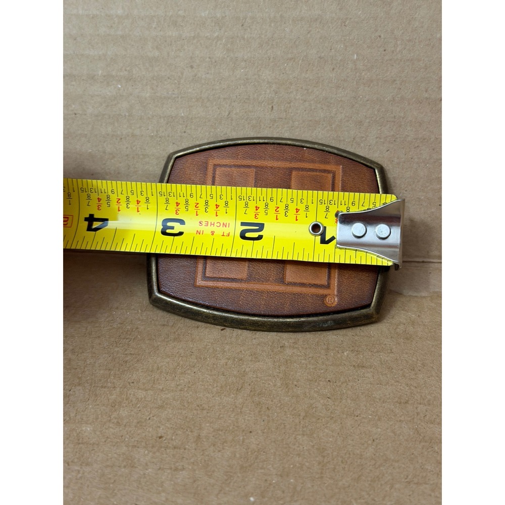 Vintage El Cid Belt Buckle Leather Inlay Geometric Checkerboard Brass Tone 3in - Picture 2 of 5